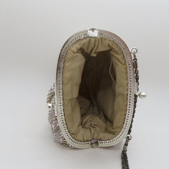 Women Handheld Chain Strap KissLock Purse White Gold Metal Mesh Mini Evening Bag - Picture 9 of 14